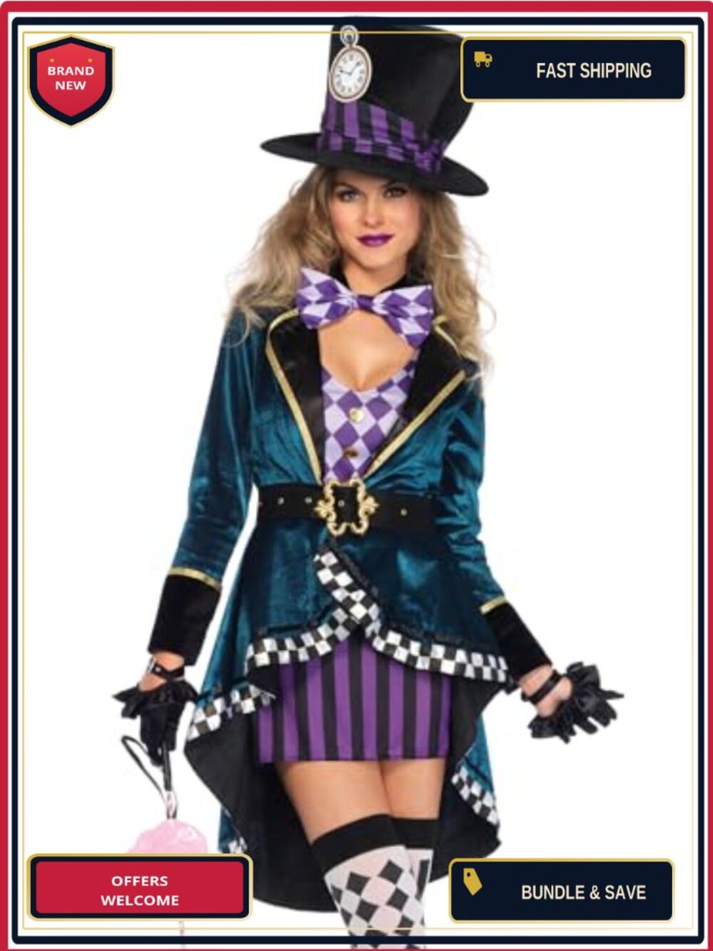 Mad Hatter Costume 5 Piece Dress Jacket Hat Belt Bow Adult Halloween
